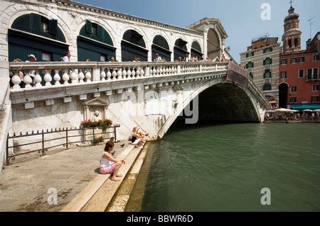 View Of Rialto Bridge Crossing The Grande Canal In Venice Italy Stock