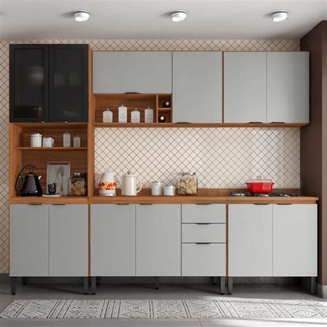 Cozinha Completa Firenze Portas Gavetas Amêndola Touch nude Prime Tx Demóbile Leroy Merlin