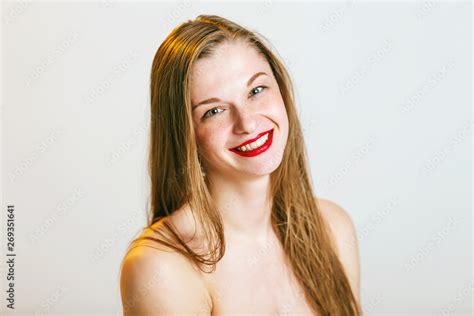 Closeup Portrait Half Naked Woman Smiling With Perfect Smile And White Teeth Looking Laugh