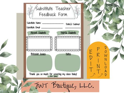 Substitute Teacher Forms Feedback, Back to School Printables