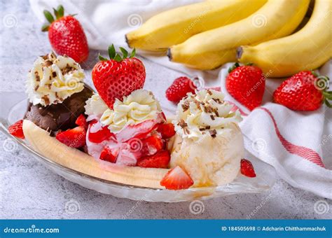 Sweet Homemade Banana Split Sundae With Chocolate Vanilla And