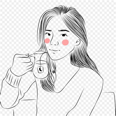 Girl Drinking Tea Tumblr Aesthetic Line Art Icon, Girl, Cute, Drinking ...