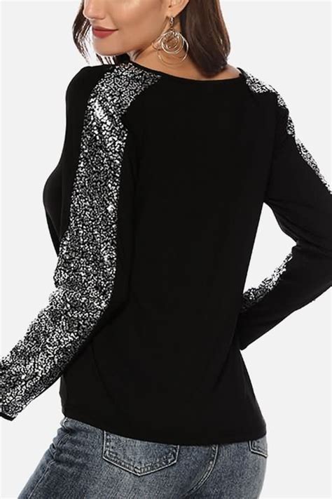 Black Sequin Decor V Neck Long Sleeve Casual T Shirt In 2021 Womens