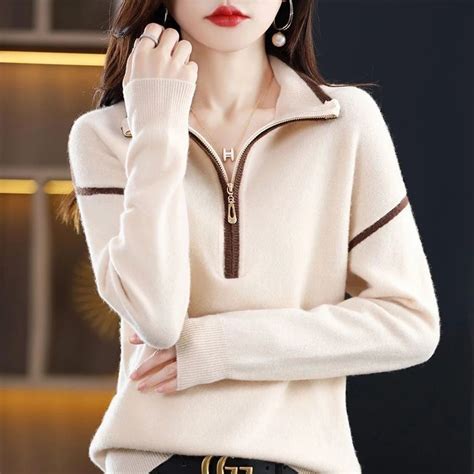 Streetwear Fashion Zipper Mock Neck Knitted Sweaters Spring Autumn