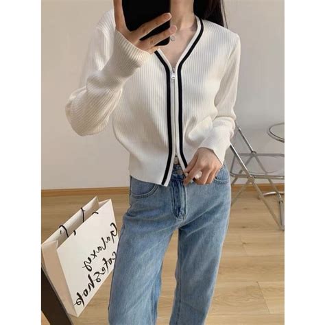 Jual Lingerie Master T Korean Outer Knit Zip Shirt Blouse Long Sleeves Atasan Kemeja