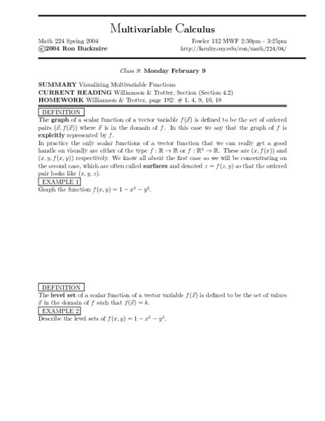 Multivariable Calculus Visualizing Multivariable Functions Worksheet