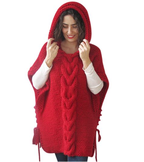 Red Plus Size Cable Knit Poncho With Hoodie By Afra Hand Knit Poncho Knitting Poncho Pocket