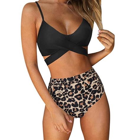 Women S High Waisted Bikini Halter V Neck Two Piece Push Up Retro Swimsuits Criss Cross High