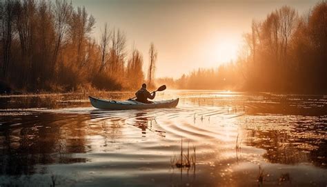 Hombres Y Mujeres Haciendo Kayak Al Atardecer Sonriendo Generada Por Ia