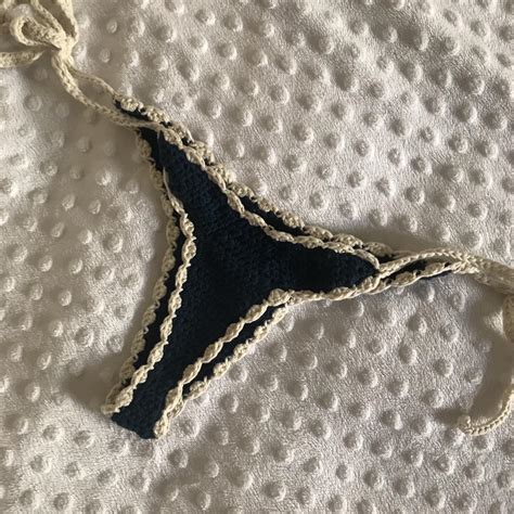 Navy Cream Crochet Bikini Thong Tie Style Depop