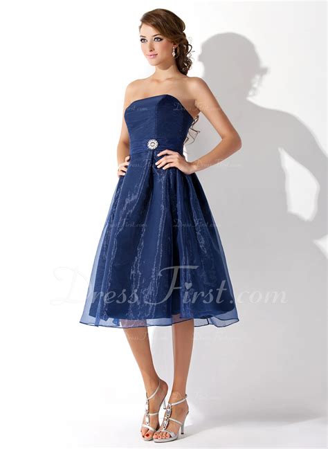 A Line Princess Strapless Knee Length Organza Bridesmaid Dress With