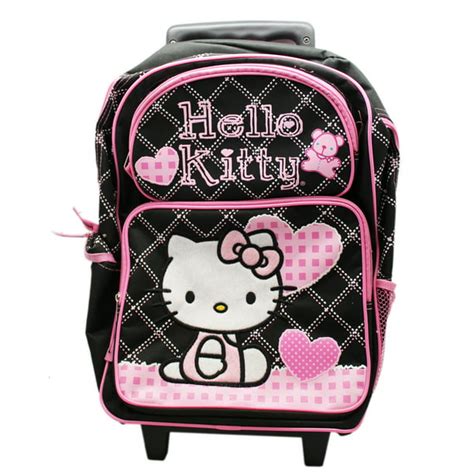 Hello Kitty Black Pink Hearts And Teddy Bears Full Size Rolling Backpack 16in