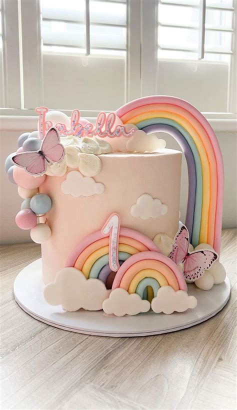 Pink Cake with Pastel Rainbow - Baby 1st Birthday Cake