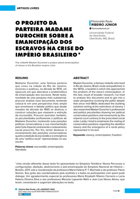 Pdf O Projeto Da Parteira Madame Durocher Sobre A Emancipa O Dos