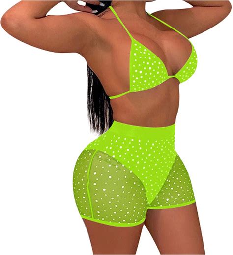 Overdose Damen Bikini Sets Mesh Durchsichtige Pailletten Shorts Split Badeanzug Anzug Urlaub