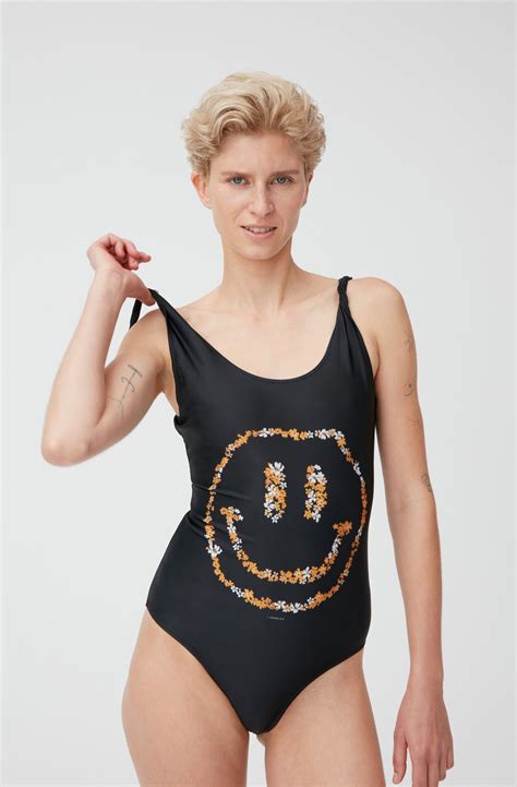 Ganni Smiley Twisted Strap One-Piece Swimsuit - Black | Garmentory