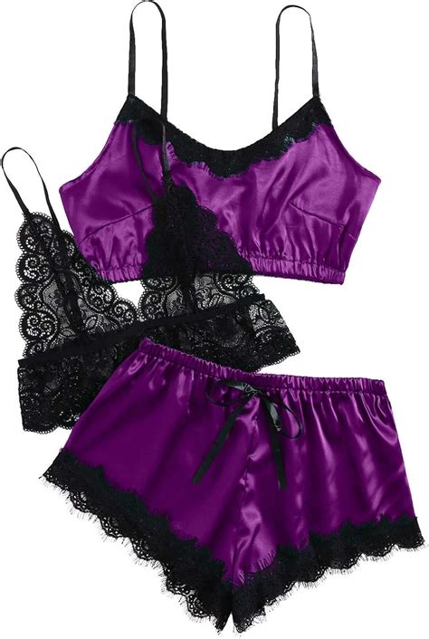 Sexy Damen Unterwäsche Set Spitze Seide Nachtwäsche Pyjama Satin