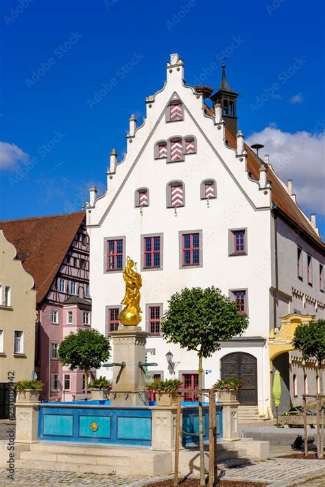 Marienbrunnen Fountain And Town Hall Wemding Donau Ries County