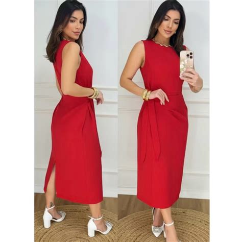 Vestido Social Alfaiataria Midi - Vestido Feminino Midi Alfaiataria com Amarração Lateral Social luxo ...