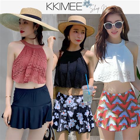 KKimee 超多顏色細腰削肩SG107二件式平口褲裙蕾絲花邊比基尼泳衣 兩截式泳衣 遊泳衣 bikini 蝦皮購物