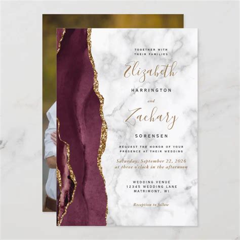 Modern Burgundy Gold Agate Marble Photo Wedding Invitation Zazzle