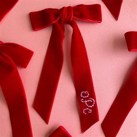 Custom Embroidered Velvet Ribbon Custom Name Hand Stitched Hair Bow