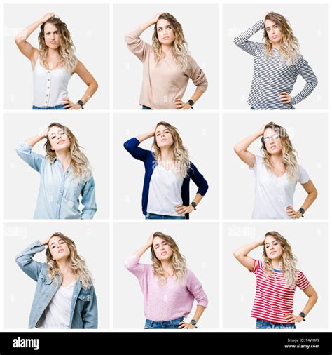 Collage De Jeune Belle Fille Blonde Sur Fond Isol La Confusion Et S Interroger Sur La Question