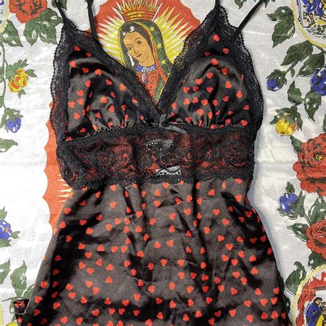Black And Red Heart Lingerie Slip With Lace Trim Depop