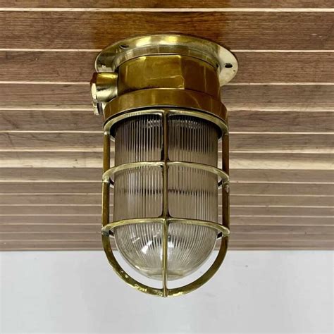 Vintage Nautical Brass Ceiling Light With Ribbed Globe