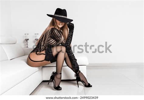Sexy Blonde Model Black Lingerie Hat Stock Photo 2499023439 Shutterstock