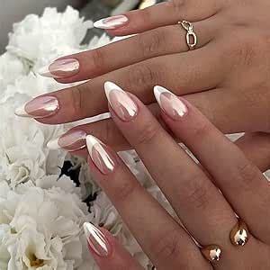KQueenest Fake Nails Almond Press On Nails Medium Chrome White French Tip Nails For Women Nude