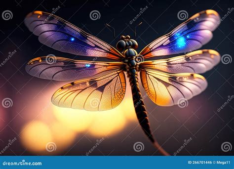Generative AI: Magical Image of Dragonfly Flying in the Night Stock ...