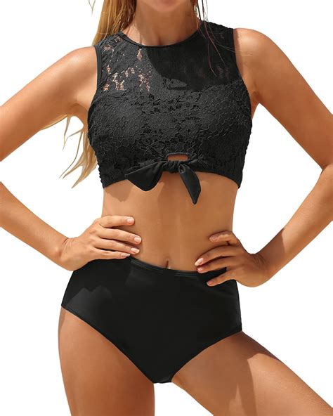 Amazon Tempt Me Women Black Two Piece Lace Bikini Tie Knot Front High Waisted Swimsuit