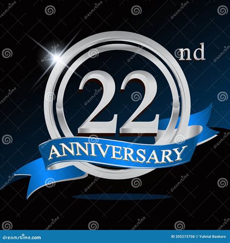 22nd Anniversary Logo With Blue Ribbon And Silver Ring Vector Template For Birthday Celebration