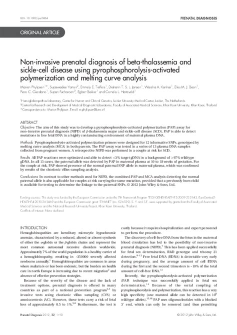 Pdf Non Invasive Prenatal Diagnosis Of Beta Thalassemia And Sickle