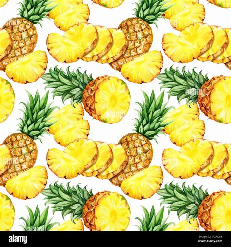 Watercolor Hand Drawn Seamless Pattern With Pineapple With Half And