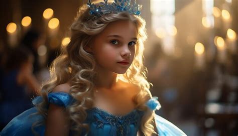 Premium AI Image A Girl Like Princess Blonde Hair In A Blue Princess Dress