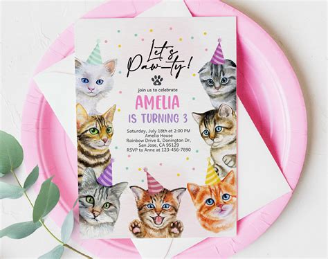 Cat Invitation Cat Birthday Invite Kitty Cat Birthday Party Etsy