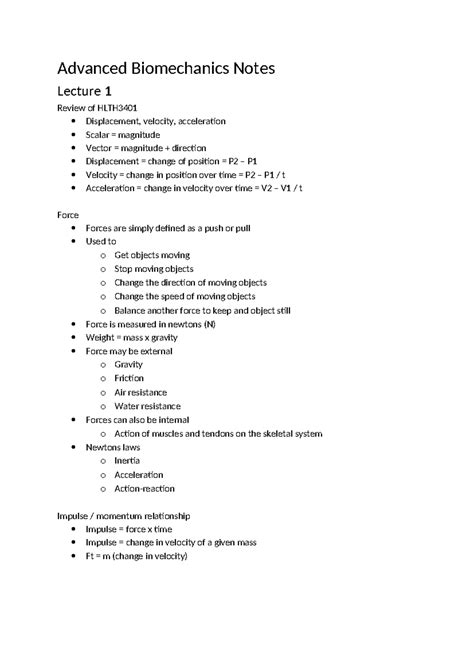 HLTH 301 Advanced Biomechanics Lecture Notes: Forces and Motion