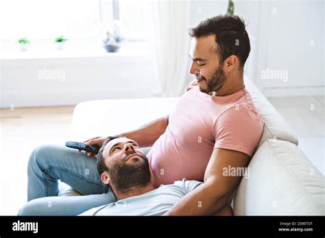 Portrait Of A Cute Male Gay Couple At Home Stock Photo Alamy