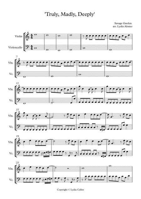 Truly Madly Deeply Arr Lydia Alonso By Savage Garden Sheet Music For Instrumental Duet At