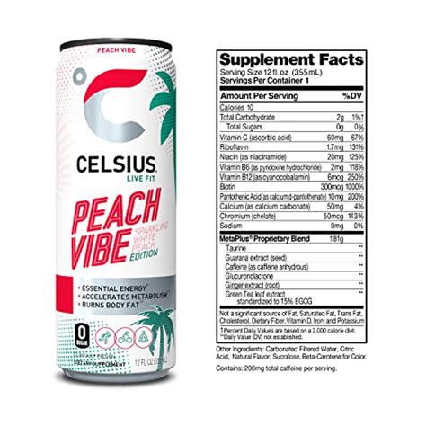 CELSIUS Essential Energy Drink 12 Fl Oz Sparkling Peach Vibe Pack Of