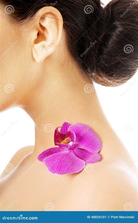 Naked Woman With Purple Orchid Petal On Shoulder Stock Image Image Of Head Attractive
