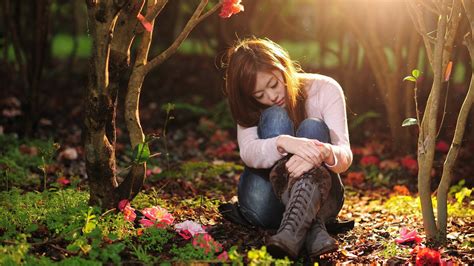Women Model Brunette Long Hair Women Outdoors Asian Closed Eyes Sitting Nature Grass