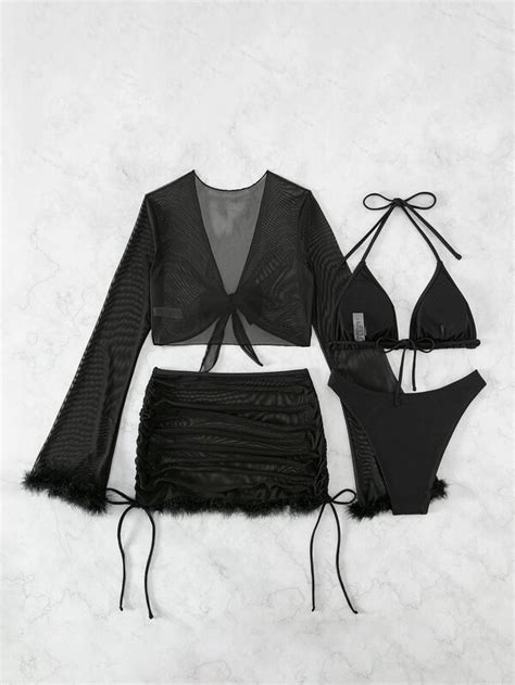 Shein Swim Sxy Solid Bikini Set Halter Triangle Bra Cheeky Bottom Cover Up Top Fuzzy Trim