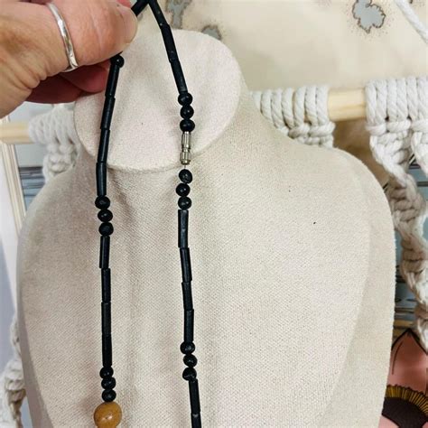 vintage carved wood bead necklace black brown boho earthy