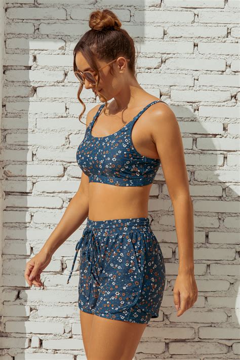Floral Square Neck Adjustable Straps Sporty Bikini Top And High Waist Boy Shorts