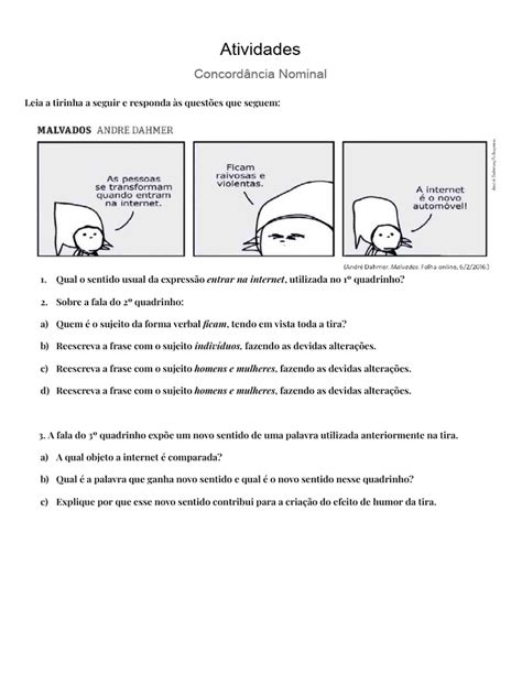 Concordância Nominal Tirinha - Atividades de Concordância Nominal com Tirinhas | PDF