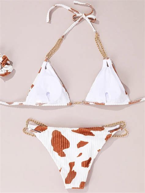 Emmiol Free Shipping Cow Print Halter Chain Bikini Set Brown S In Bikini Sets Online Store