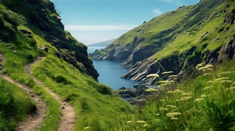 Premium Photo A Path Leading Down To A Lake With A Green Mountain In